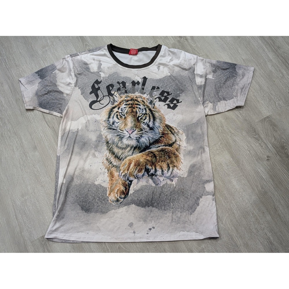Fearless Tiger Shirt Mens XL Gray Black All Over Graphic Tee Print Victorious